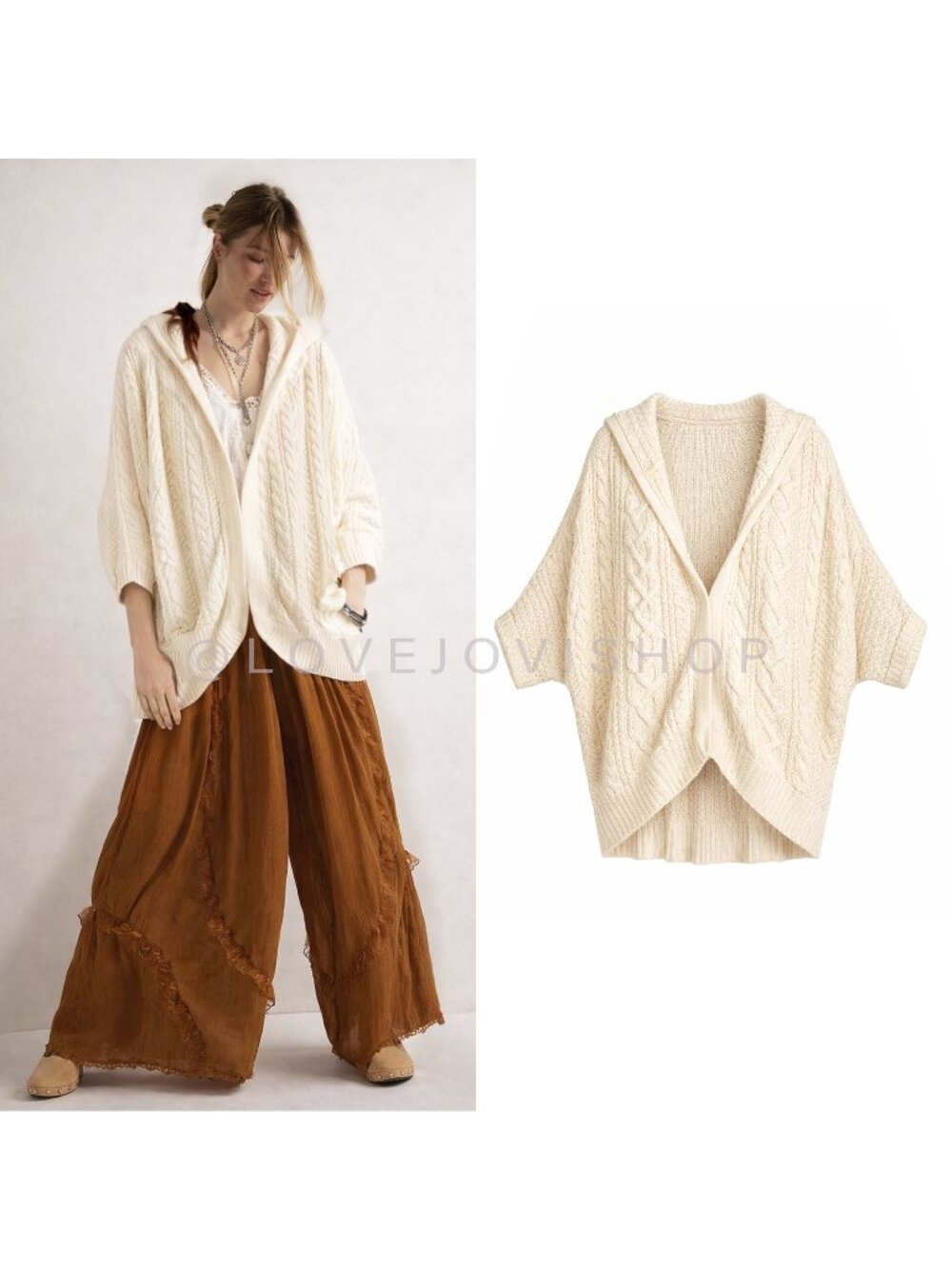 Sweater | Free People Cable Knit Cardigan Snap Front Hoodie Cream M | Cozy Boho